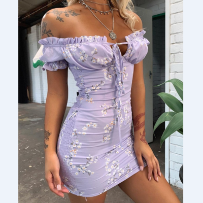 Women's printed short sleeve bag hip dress - Thumbnail 3