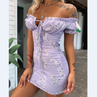 Women'S Printed Short Sleeve Bag Hip Dress - Thumbnail 1