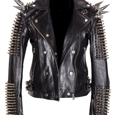 Black women genuine classical punk style leather jacket large spike silver studs - Thumbnail 4