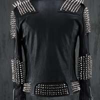 HANDMADE Men Black Punk Silver Long Spiked Studded Leather Buttons Up Jacket Silver Studs and Spikes Black Leather Made to Orders Studs Spik - Thumbnail 3