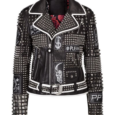 Handmade woman philip plain black studded patches white lining leather jacket - Thumbnail 4