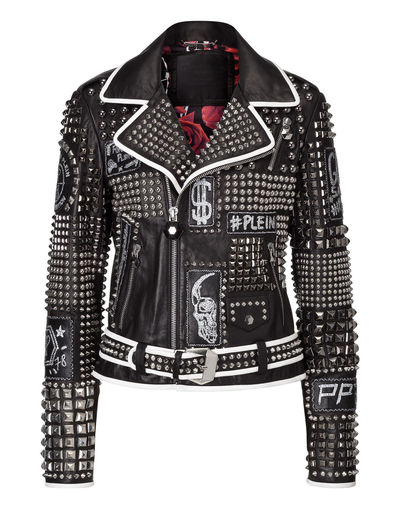 Handmade Woman Philip Plain Black Studded Patches White Lining Leather Jacket