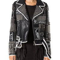 Handmade Woman Philip Plain Black Studded Patches White Lining Leather Jacket - Thumbnail 1