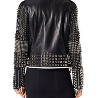 Handmade Woman Philip Plain Black Studded Patches White Lining Leather Jacket - Thumbnail 2
