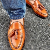 New Brown Tussle Leather Shoes, Loafers Bespoke Handmade Fashion Shoes - Thumbnail 4