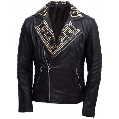 Men's magnificent padded leather jacket with black silver gold contrast studs - Thumbnail 2