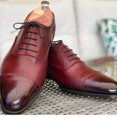 New handmade burgundy leather shoes, men's bespoke fashion formal shoes - Thumbnail 1
