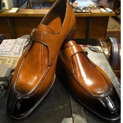 New men brown buckle leather shoes, handmade bespoke dress formal shoes - Thumbnail 3