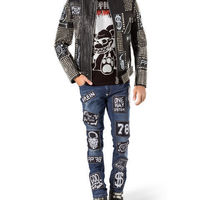 New Phillip Plain Black Full Studded Embroidery Patches Leather jacket Biker Men - Thumbnail 3