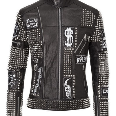 New phillip plain black full studded embroidery patches leather jacket biker men - Thumbnail 5