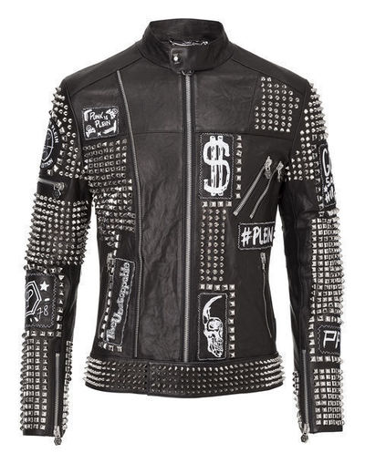 New Phillip Plain Black Full Studded Embroidery Patches Leather jacket Biker Men