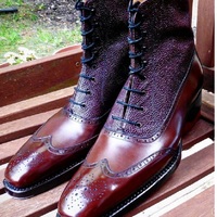 New Handmade Men's Burgundy Wing Tip Brogue Leather Ankle Boots, Men Designer Boots - Thumbnail 1