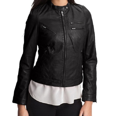 Luxury black fashion jacket with tab collar front zip closure vintage leather - Thumbnail 3