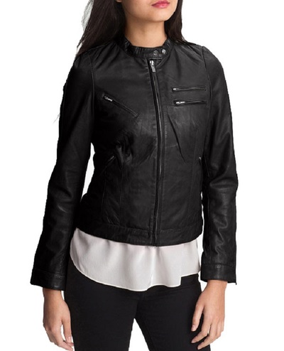 Luxury Black Fashion Jacket With Tab Collar Front Zip Closure Vintage Leather