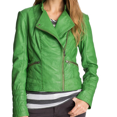 New women green leather jacket brando fastening zipper tab collar trendy fashion - Thumbnail 3