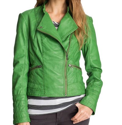 New Women Green Leather Jacket Brando Fastening Zipper Tab Collar Trendy Fashion