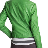 New Women Green Leather Jacket Brando Fastening Zipper Tab Collar Trendy Fashion - Thumbnail 1