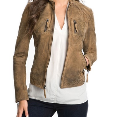 Suede brown fashion jacket women real leather front fastening zipper handmade - Thumbnail 1