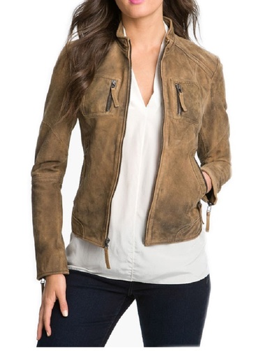 Suede Brown Fashion Jacket Women Real Leather Front Fastening Zipper Handmade
