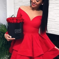 Off the Shoulder V-neck Tiered Red Satin Homecoming Dress Long Sleeves  - Thumbnail 1