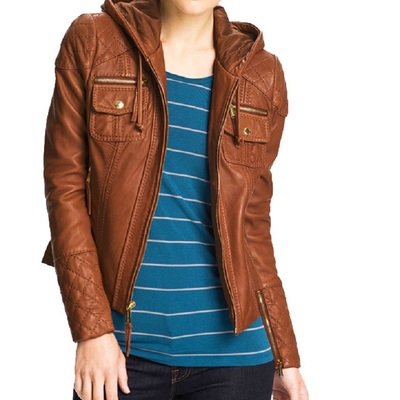 Luxury brown women jacket quilted biker with pockets zipper leather hoody - Thumbnail 1