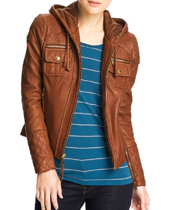 Luxury Brown Women Jacket Quilted Biker With Pockets Zipper Leather Hoody