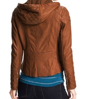 Luxury Brown Women Jacket Quilted Biker With Pockets Zipper Leather Hoody - Thumbnail 2