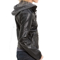 Women's Black Hoody Jacket Motorbike Real Leather Fastening Zipper Slim Fit - Thumbnail 1