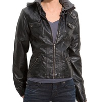 Women's Black Hoody Jacket Motorbike Real Leather Fastening Zipper Slim Fit - Thumbnail 4