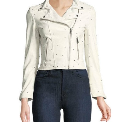 Women's white color biker slim fit real leather brando silver small studs jacket - Thumbnail 2