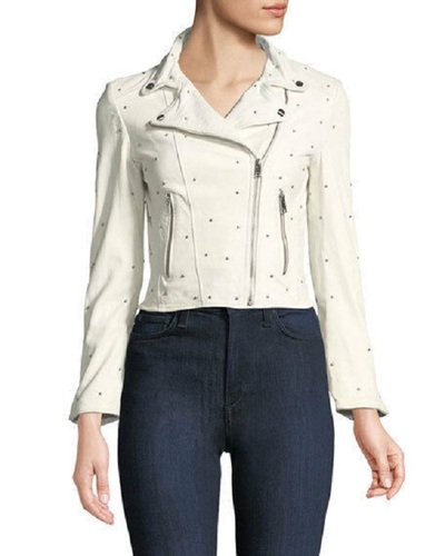 Women's White Color Biker Slim Fit Real Leather Brando Silver Small Studs Jacket