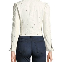 Women's White Color Biker Slim Fit Real Leather Brando Silver Small Studs Jacket - Thumbnail 1