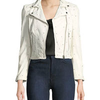 Women's White Color Biker Slim Fit Real Leather Brando Silver Small Studs Jacket - Thumbnail 4