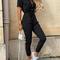 Casual Fashion Short Sleeve Black Jumpsuit - Thumbnail 2