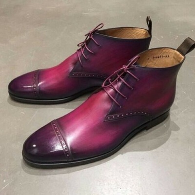 New men’s handmade burgundy leather boots, men’s wingtip ankle high lace up boots - Thumbnail 2
