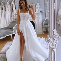 Gorgeous Ball Gown Square Neck Split Wedding Dresses with Appliques