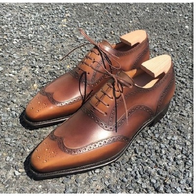 Men's Handmade Brown Leather Shoes, Wing Tip Brogue Dress Lace Up Shoes
