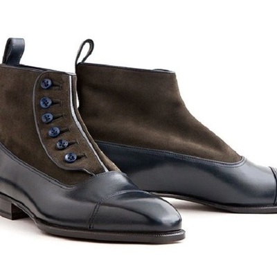 New men's handmade leather suede ankle high cap toe black brown button top - Thumbnail 3