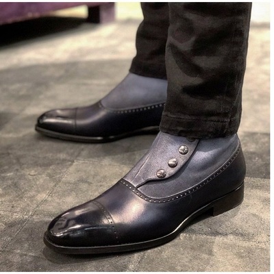 New men's handmade ankle high button cap toe dress boot, black grey leather - Thumbnail 2