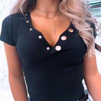 Fashion Sexy Button Down V-Neck Short Sleeve T-Shirt - Thumbnail 1