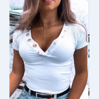 Fashion Sexy Button Down V-Neck Short Sleeve T-Shirt - Thumbnail 2