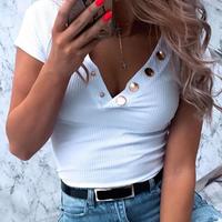 Fashion Sexy Button Down V-Neck Short Sleeve T-Shirt - Thumbnail 3