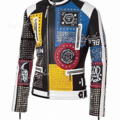 New philipp plein multicolor full studded embroidery patches leather jacket mens - Thumbnail 2