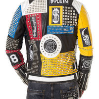 New Philipp Plein Multicolor Full Studded Embroidery Patches Leather Jacket Mens - Thumbnail 2