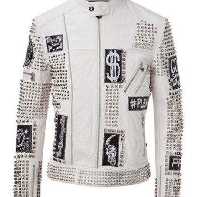 New philipp plein white full studded embroidery patches leather jacket biker men - Thumbnail 3