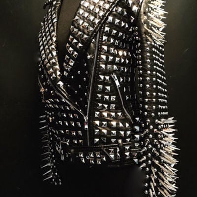 New woman full black rock punk silver long spiked studded leather brando jacket - Thumbnail 4