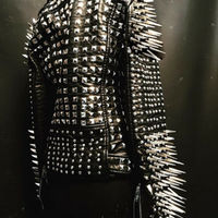 New Woman Full Black Rock Punk Silver Long Spiked Studded Leather Brando Jacket - Thumbnail 1