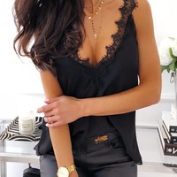 Slim Sexy Lace V-Neck Backless Tops - Thumbnail 3