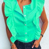 Ruffled Round Neck Sleeveless Shirt Top - Thumbnail 2