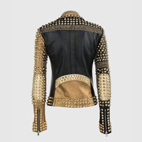 New Woman Punk Brando PP Full Golden Studded Black Biker Cowhide Leather Jacket - Thumbnail 1